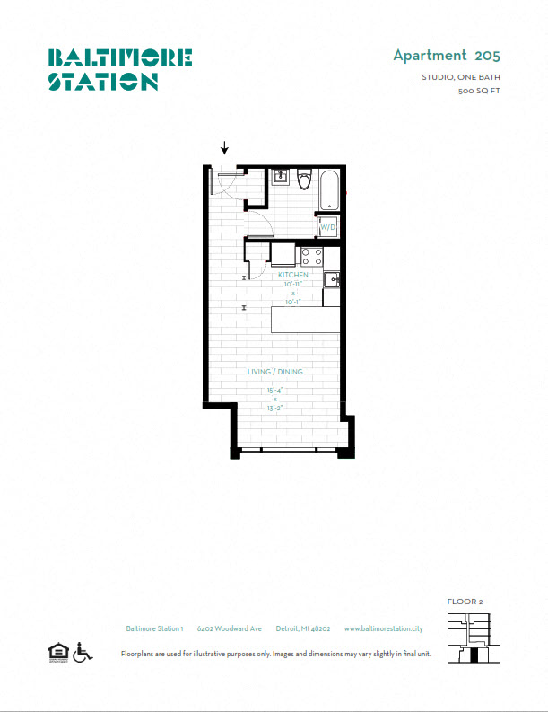 Floor plan for studio, 1 bath, 500 sqft